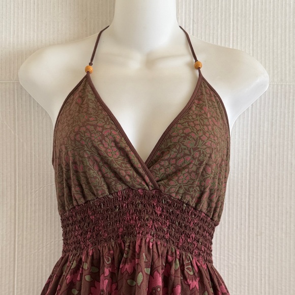 Green Y2K Babydoll Halter Top Size S Brown Pink Floral Cotton Fairy Boho Earthy - Picture 2 of 15